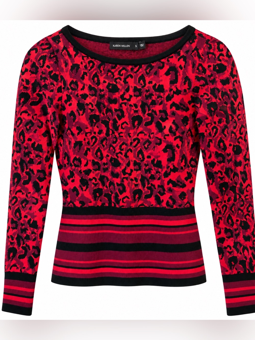 Karen Millen Kadin Triko Red & Black Leopard Print Long Sleeve Knit Top Small